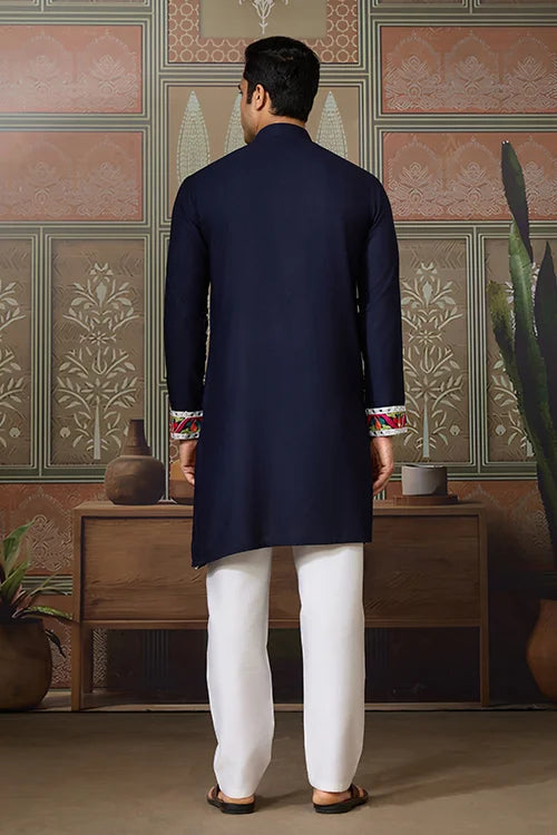 Navy Blue Embroidered Festival Wear Kurta for Men Clothsvilla