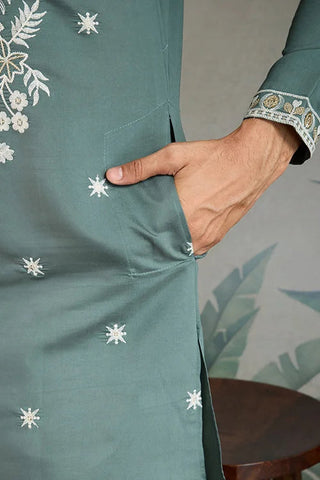 Pastel Pista Viscose Silk Embroidered Kurta for Men Clothsvilla