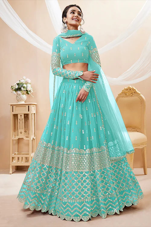 Sky Blue Georgette Embroidered Wedding Lehenga Choli Clothsvilla