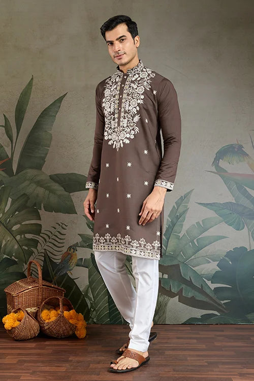 Wedding Functions Chocolate Gray Embroidered Kurta Clothsvilla