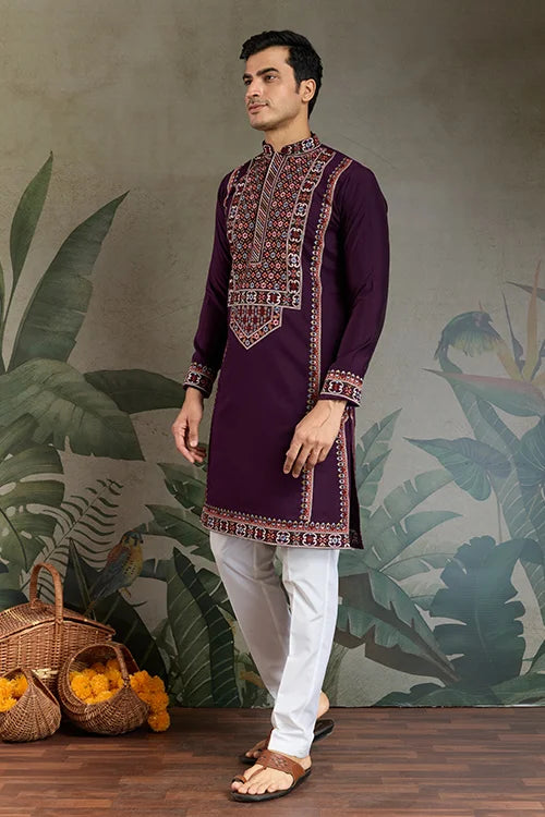 Engagement Special Purple Viscose Silk Outfit Kurta for Men Clothsvilla