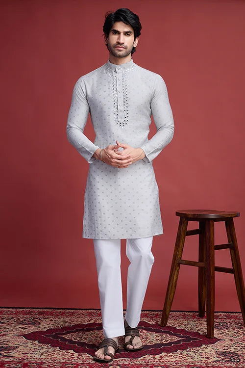 Beige Viscose Men’s Kurta - Mirror Work Design Clothsvilla