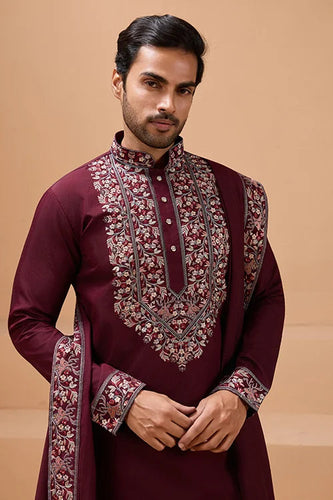 Latest Signature Maroon Kurta and Dupatta for Mens Wear Clothsvilla