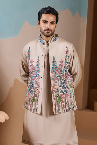 Elegant Fashionable Beige Koti Kurta Set for Mens Wear Clothsvilla