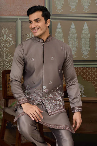 Grey Embroidered Koti Kurta Set for Mens Wear Clothsvilla