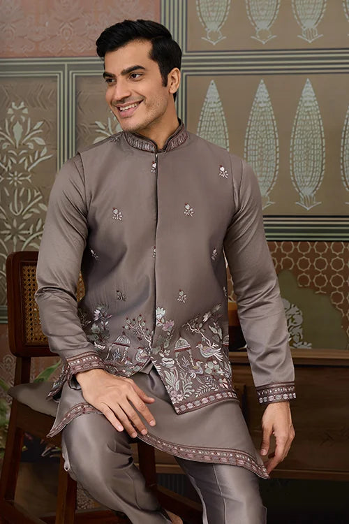 Grey Embroidered Koti Kurta Set for Mens Wear Clothsvilla