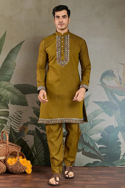 Golden Olive Open Koti Style Kurta Pajama Set for Men Clothsvilla