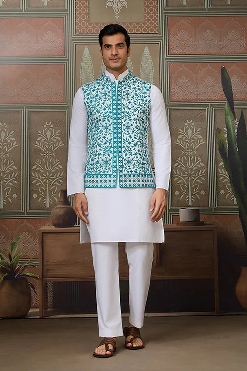 Traditional White Kurta with Teal Green Koti for Men Clothsvilla
