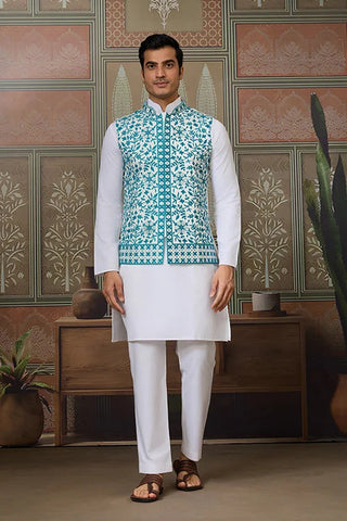 Traditional White Kurta with Teal Green Koti for Men Clothsvilla