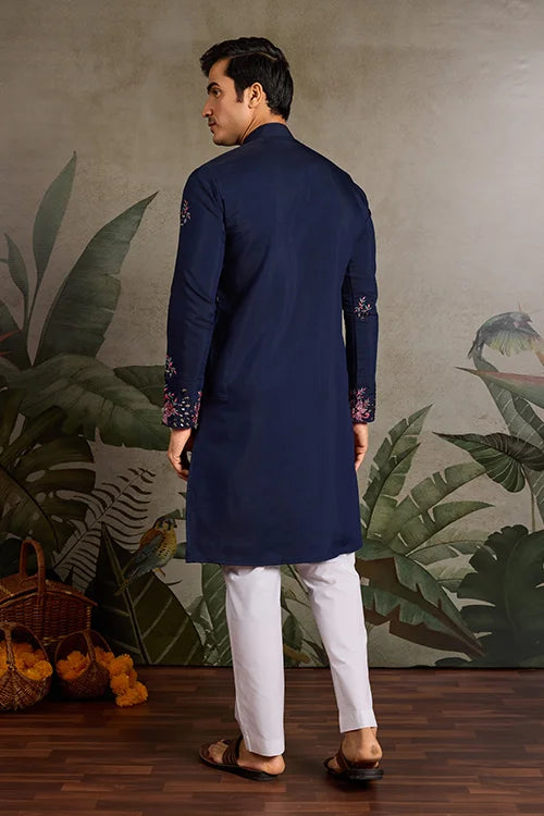 Wedding Special Navy Blue Embroidered Mens Kurta Set Clothsvilla