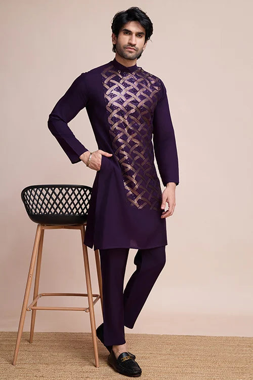 Traditional Purple Silk Kurta with Thread Work Clothsvilla