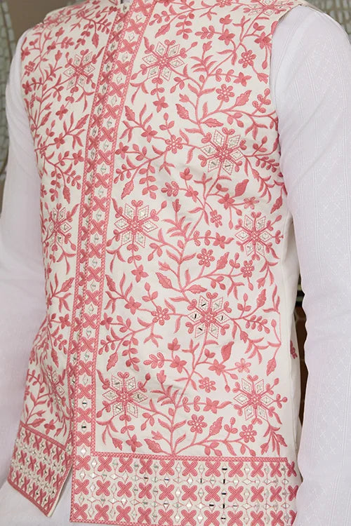 Wedding Pink Koti with White Kurta Pajama Set Clothsvilla