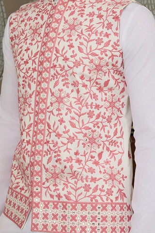 Wedding Pink Koti with White Kurta Pajama Set Clothsvilla
