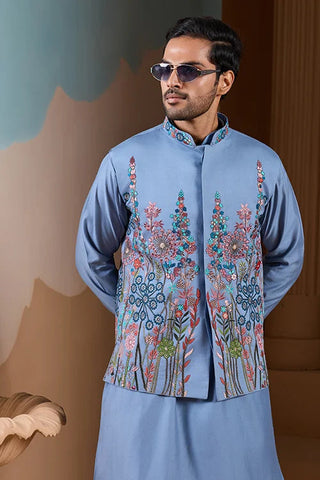 Vibrant Sky Blue Koti Kurta Pajama for Mens Outfits Clothsvilla