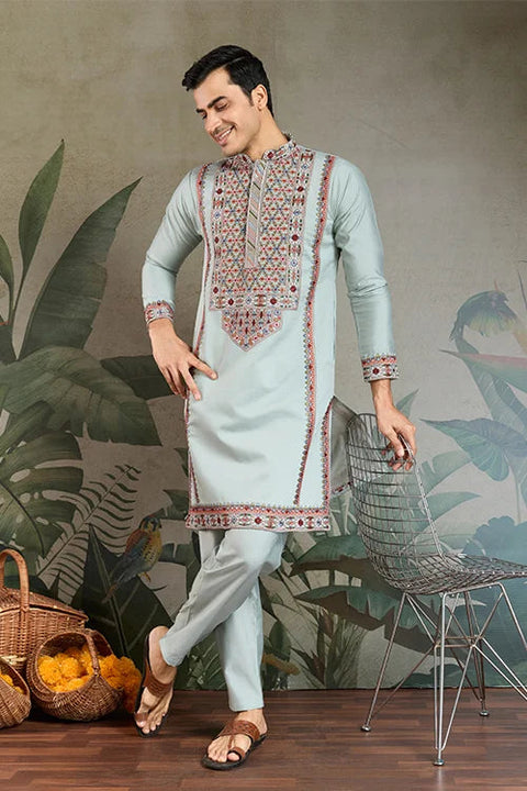 Traditional Sky Blue Embroidered Kurta Pajama Set Clothsvilla Main image