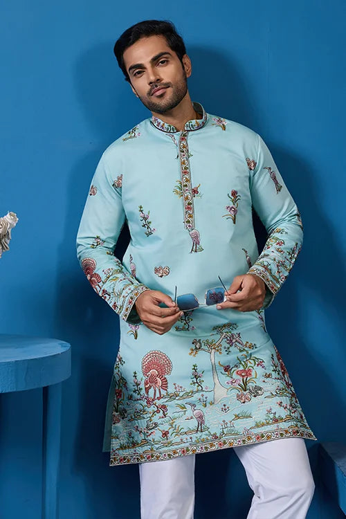 Wedding Celebration Elegant Sky Kurta for Mens Wear Clothsvilla