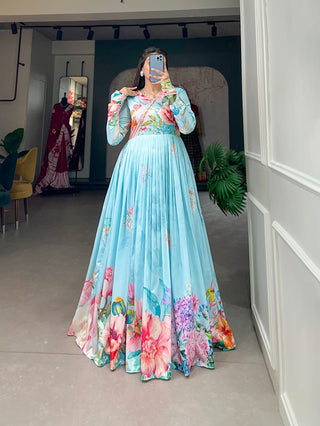 Sky Blue Color Tussar Silk Ready to Wear Gown with Delicate Floral Print ClothsVilla