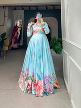 Load image into Gallery viewer, Sky Blue Color Tussar Silk Ready to Wear Gown with Delicate Floral Print ClothsVilla
