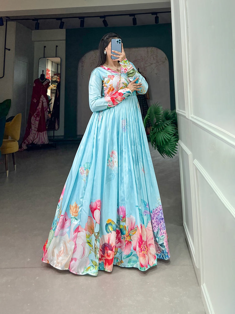 Sky Blue Color Tussar Silk Ready to Wear Gown with Delicate Floral Print ClothsVilla