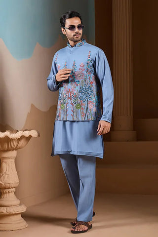 Vibrant Sky Blue Koti Kurta Pajama for Mens Outfits Clothsvilla