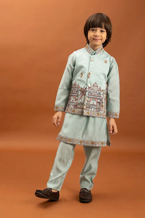 Wedding Sky Blue Koti Kurta Set for Kids 6-12 Yrs Clothsvilla