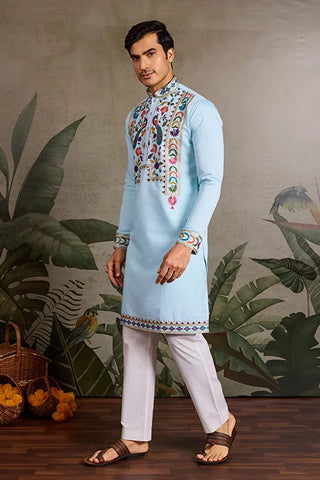 Premium Sky Blue Embroidered Mens Kurta for Celebrations Clothsvilla