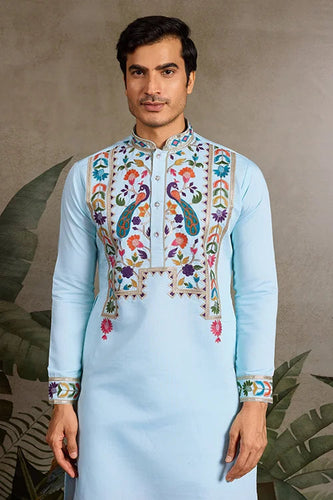 Premium Sky Blue Embroidered Mens Kurta for Celebrations Clothsvilla