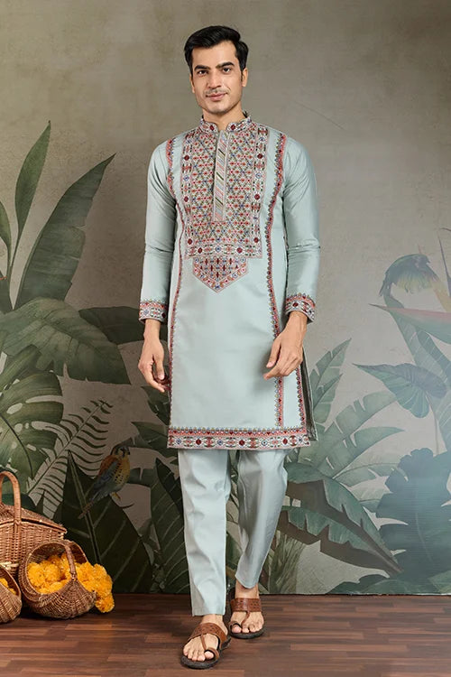 Traditional Sky Blue Embroidered Kurta Pajama Set Clothsvilla