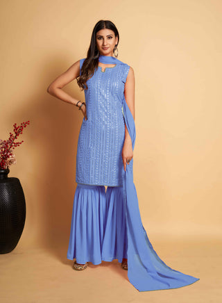 Stunning Sky Blue Designer Sharara Kurti Dupatta Set - Embroidered Faux Georgette & Georgette ClothsVilla