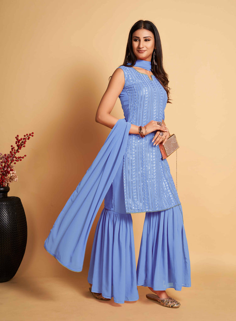 Stunning Sky Blue Designer Sharara Kurti Dupatta Set - Embroidered Faux Georgette & Georgette ClothsVilla