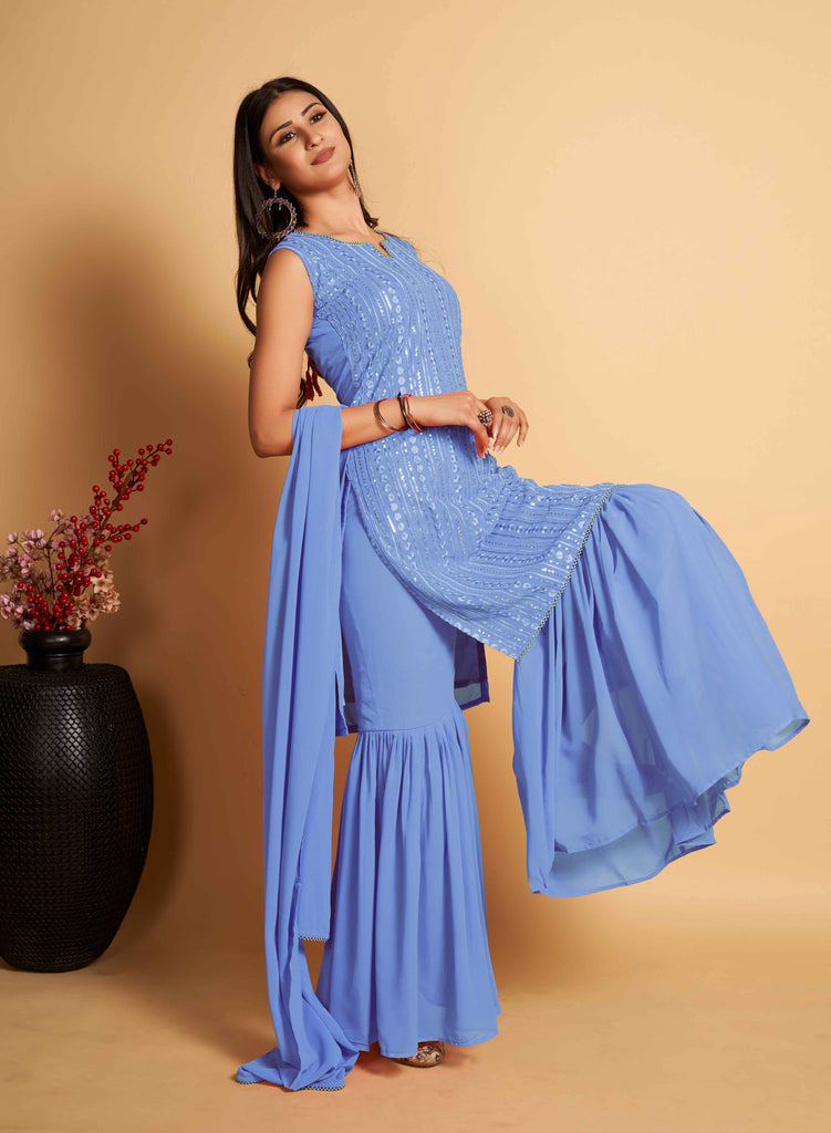 Stunning Sky Blue Designer Sharara Kurti Dupatta Set - Embroidered Faux Georgette & Georgette ClothsVilla