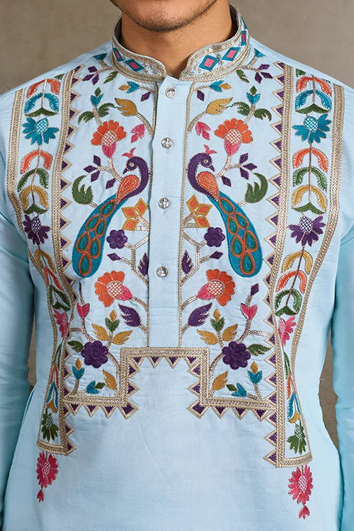 Premium Sky Blue Embroidered Mens Kurta for Celebrations Clothsvilla