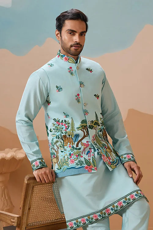 Stylish Sky Color Mens Koti Kurta Set Collection Clothsvilla