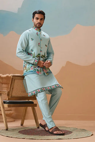 Stylish Sky Color Mens Koti Kurta Set Collection Clothsvilla