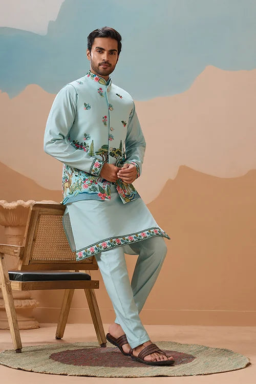 Stylish Sky Color Mens Koti Kurta Set Collection Clothsvilla