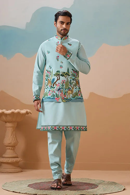 Stylish Sky Color Mens Koti Kurta Set Collection Clothsvilla