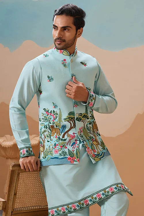 Stylish Sky Color Mens Koti Kurta Set Collection Clothsvilla