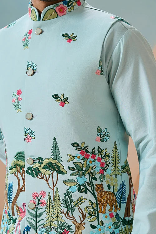 Stylish Sky Color Mens Koti Kurta Set Collection Clothsvilla