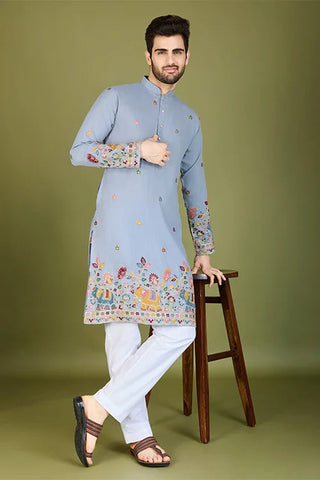 Sky Color Thread with Embroidered Cotton Gents Kurta Clothsvilla