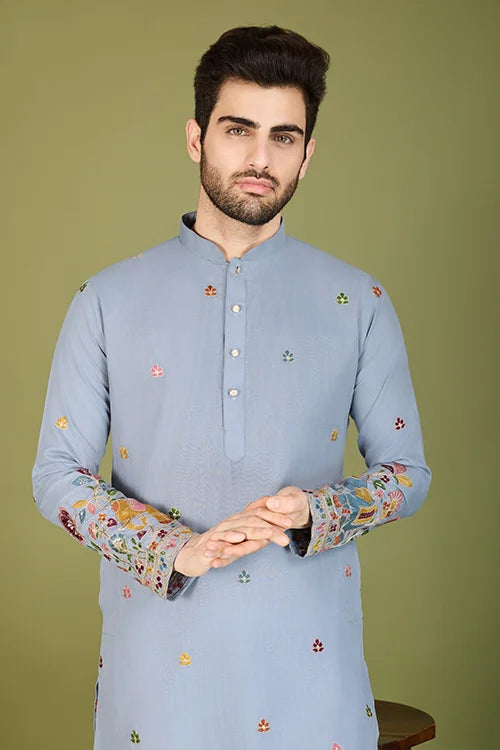 Sky Color Thread with Embroidered Cotton Gents Kurta Clothsvilla