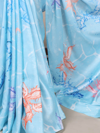 Sky Blue Elegant Floral Printed Satin Silk Saree with Mono Benglory Blouse Piece ClothsVilla