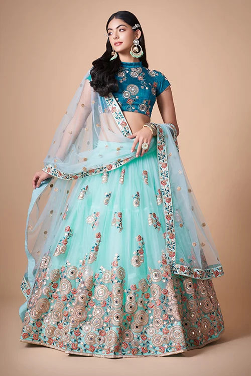 Sky Blue Ethereal Mirror Work Lehenga Choli For Timeless Charm Clothsvilla
