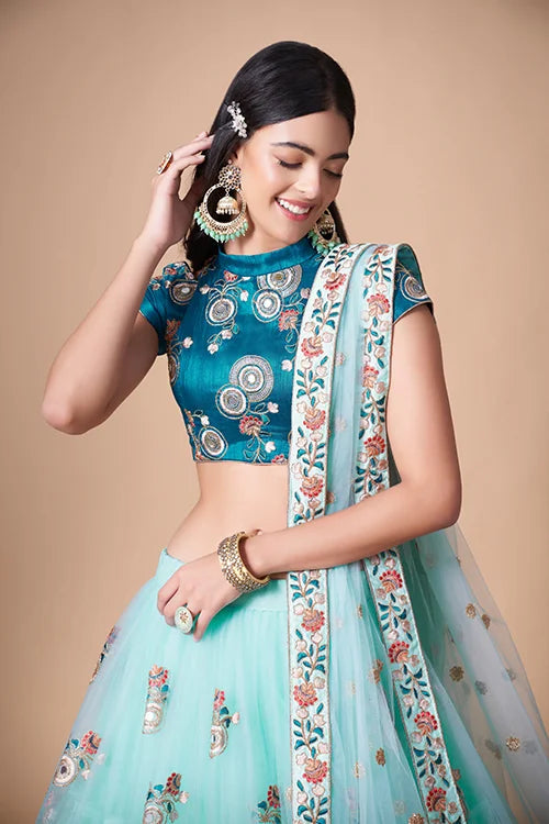 Sky Blue Ethereal Mirror Work Lehenga Choli For Timeless Charm Secondary image
