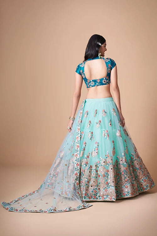 Sky Blue Ethereal Mirror Work Lehenga Choli For Timeless Charm Clothsvilla