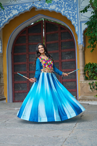 Sky Blue Navratri Special Chinnon Pedding Lehenga Choli with Kutchi Gamthi Embroidery ClothsVilla