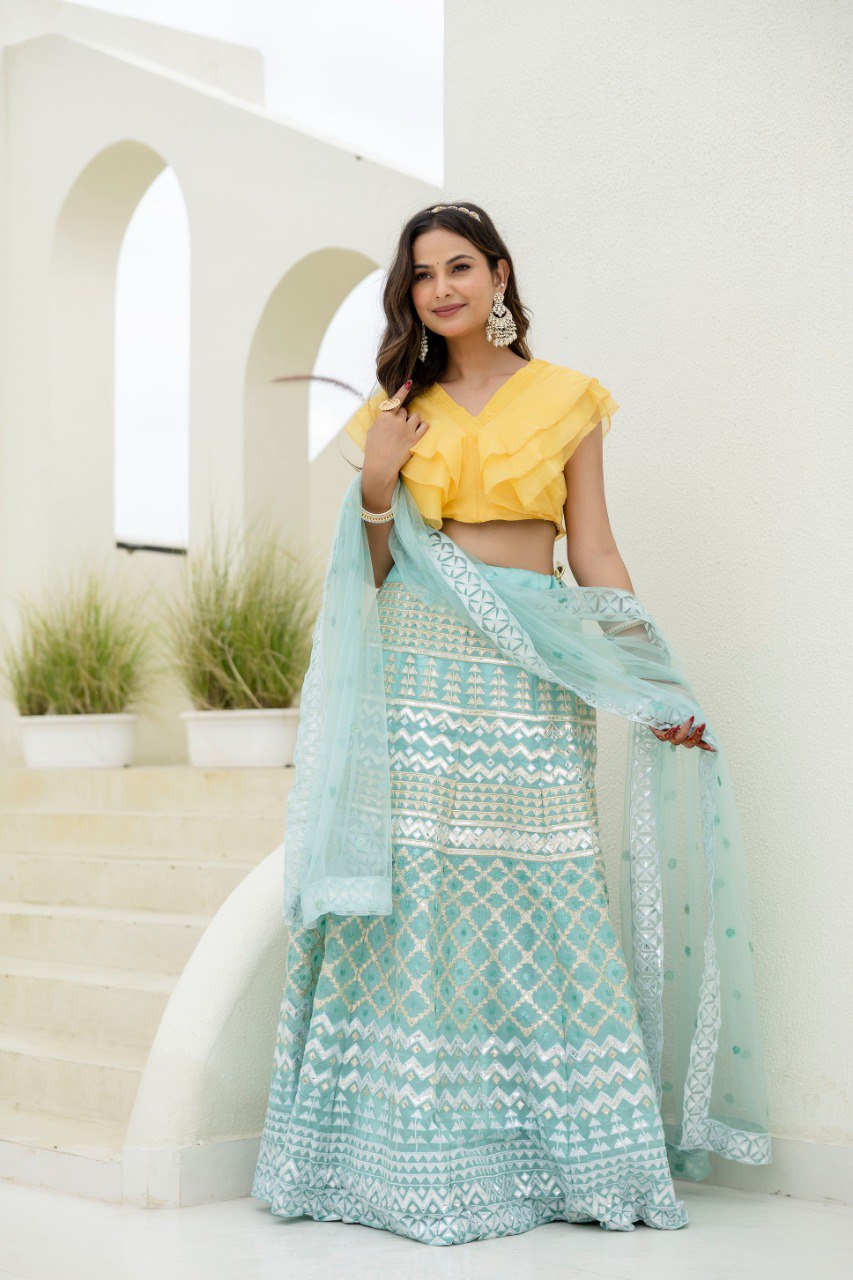 Sky & Yellow Graceful Organza Lehenga Set with Sequins & Foil Embroidery – Semi-Stitched Lehenga, Unstitched Blouse & Net Dupatta ClothsVilla
