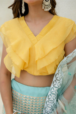 Sky & Yellow Graceful Organza Lehenga Set with Sequins & Foil Embroidery – Semi-Stitched Lehenga, Unstitched Blouse & Net Dupatta ClothsVilla