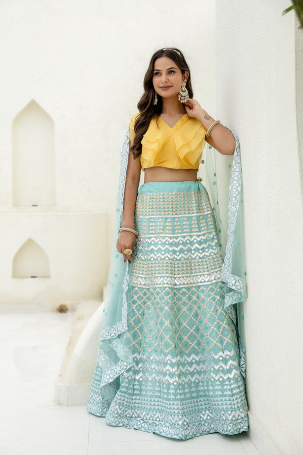 Sky & Yellow Graceful Organza Lehenga Set with Sequins & Foil Embroidery – Semi-Stitched Lehenga, Unstitched Blouse & Net Dupatta ClothsVilla