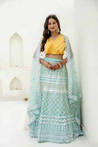 Sky & Yellow Graceful Organza Lehenga Set with Sequins & Foil Embroidery – Semi-Stitched Lehenga, Unstitched Blouse & Net Dupatta ClothsVilla