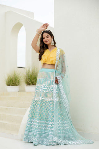 Sky & Yellow Graceful Organza Lehenga Set with Sequins & Foil Embroidery – Semi-Stitched Lehenga, Unstitched Blouse & Net Dupatta ClothsVilla